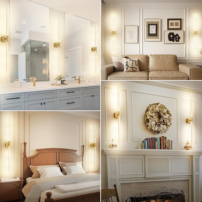 Battery Operated Wall Sconce Set of 2 Rechargeable Battery Powered Wall Light with 12000mAh Wireless Dimmable Wall Lamp Fixtures for Bedroom Living Room (Brushed Gold, 31"-2 Pack)