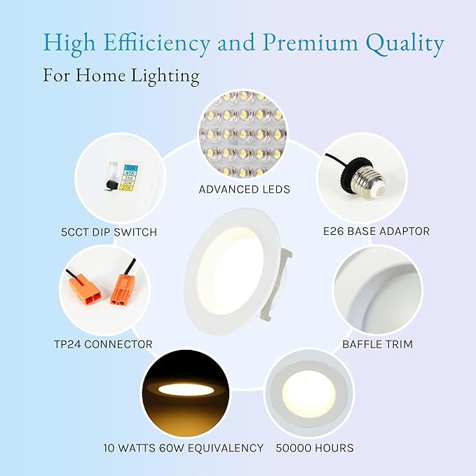 KSANA Recessed Lighting 4 Inch, 5CCT White LED Can Lights for Ceiling, 5 Colors Selectable-2700K/3000K/3500K/4000K/5000K, 10W Eqv 60W, Dimmable Retrofit Downlight with Baffle Trim