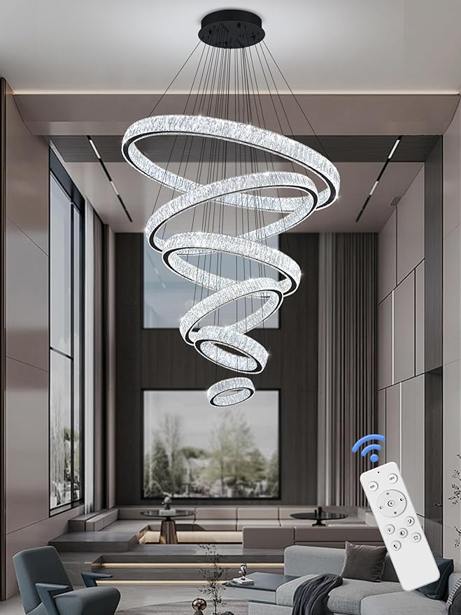 Extra Large 6 Ring Crystal Chandelier Modern LED Long Crystal Chandelier for High Ceiling Height Adjustable Black D8+15.7"+23.6"+31.5"+39.4"+47.5" Dimmable 2700K-6000K
