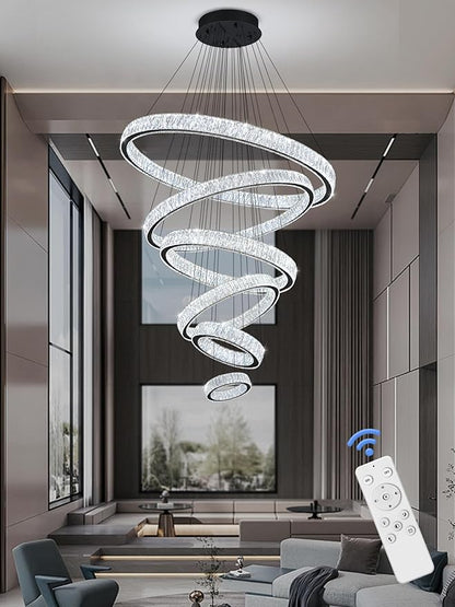 Extra Large 6 Ring Crystal Chandelier Modern LED Long Crystal Chandelier for High Ceiling Height Adjustable Black D8+15.7"+23.6"+31.5"+39.4"+47.5" Dimmable 2700K-6000K