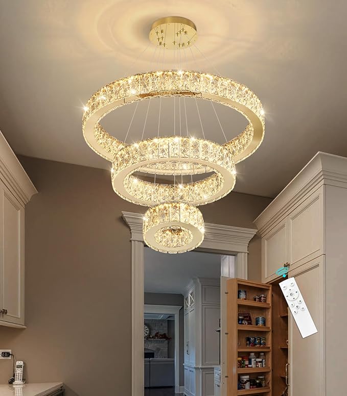 Modern Crystal Chandelier 36W Dimmable LED Ceiling Light Fixture with Remote Luxury Adjustable Pendant Light for Living Room Dining Room Gold