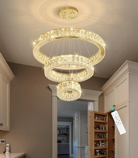 Modern Crystal Chandelier 36W Dimmable LED Ceiling Light Fixture with Remote Luxury Adjustable Pendant Light for Living Room Dining Room Gold