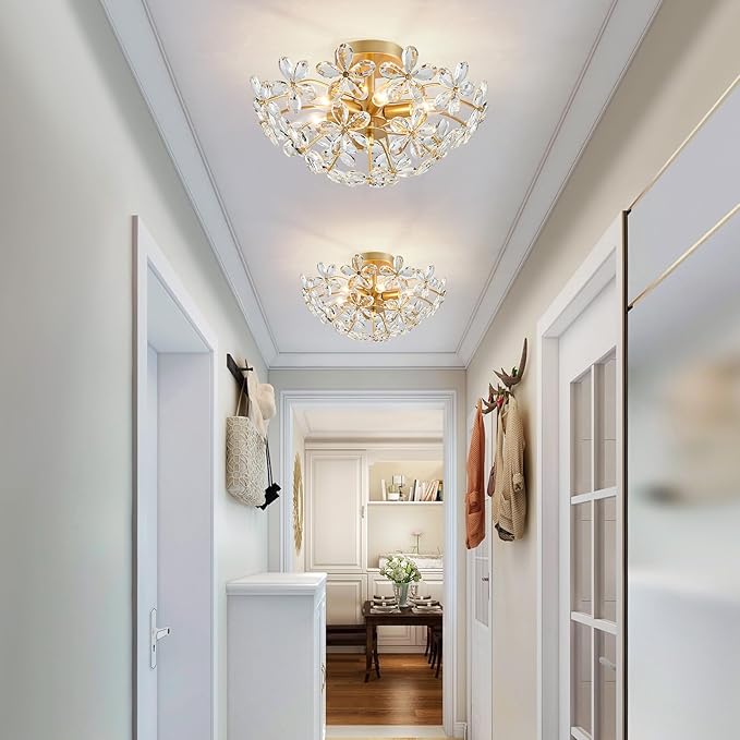 WUZUPS Crystal Chandelier Flushmount Ceiling Light Modern Lighting Fixture for Bedroom Hallway Bar Kitchen Bathroom, H 8.9" x W 17.7", Gold, E12 Base
