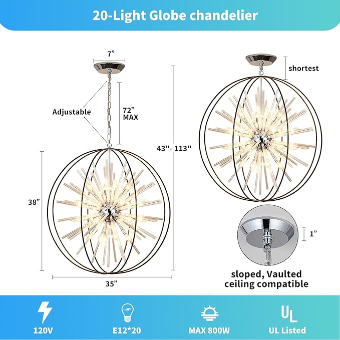 Vezzio 35 inch Large Black Crystal Chandelier Modern Globe Chandeliers for High Ceilings 20-Light Round Chandelier for Foyer Entryway Stairway Dining Room Hallway
