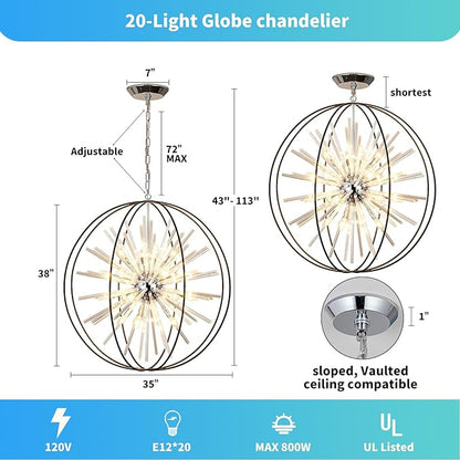 Vezzio 35 inch Large Black Crystal Chandelier Modern Globe Chandeliers for High Ceilings 20-Light Round Chandelier for Foyer Entryway Stairway Dining Room Hallway