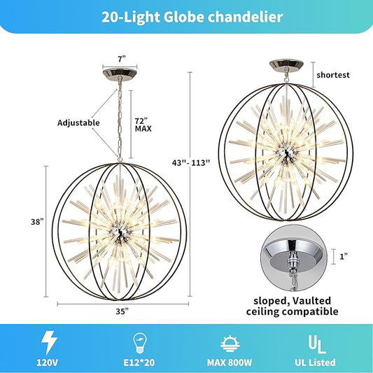 Vezzio 35 inch Large Black Crystal Chandelier Modern Globe Chandeliers for High Ceilings 20-Light Round Chandelier for Foyer Entryway Stairway Dining Room Hallway