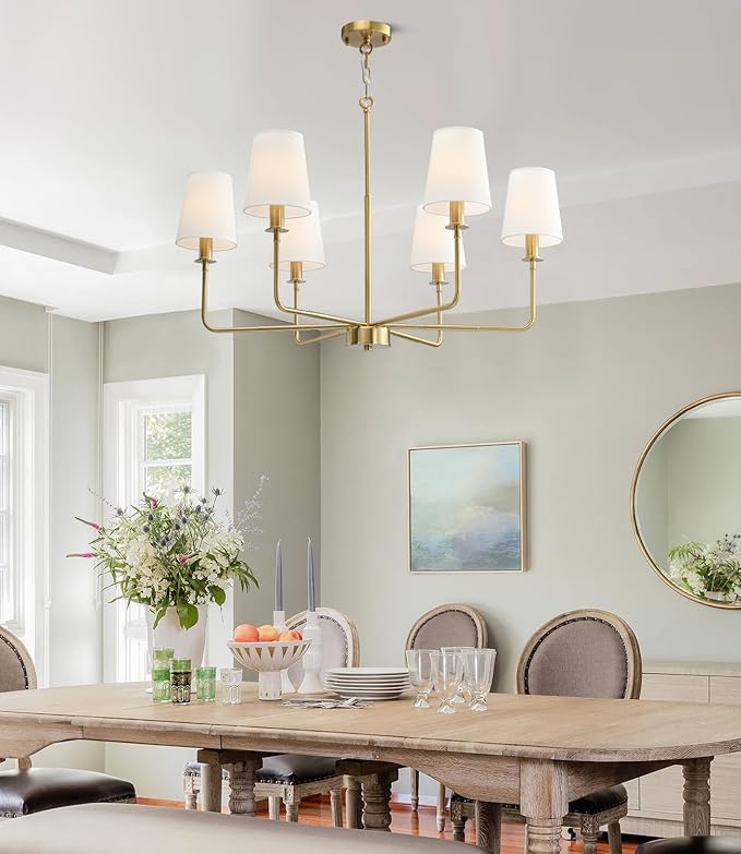 6-Light Classic Chandelier with Brushed Gold Finish & Linen Shades, E12 Base Rustic Ceiling Light Fixture for Kitchen Island, Dining Room, Entryway, Industrial Farmhouse Lighting