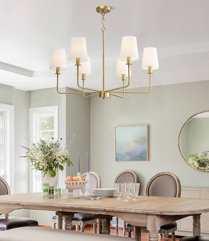 6-Light Classic Chandelier with Brushed Gold Finish & Linen Shades, E12 Base Rustic Ceiling Light Fixture for Kitchen Island, Dining Room, Entryway, Industrial Farmhouse Lighting