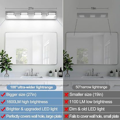 360° Rotate LED Bathroom Vanity Light Fixtures, 1600LM Acrylic Chrome Vanity Lights for Bathroom, Modern Wall Lighting Fixtures Over Mirror Kitchen Living Room Hallway (Natural White Light 5000K)