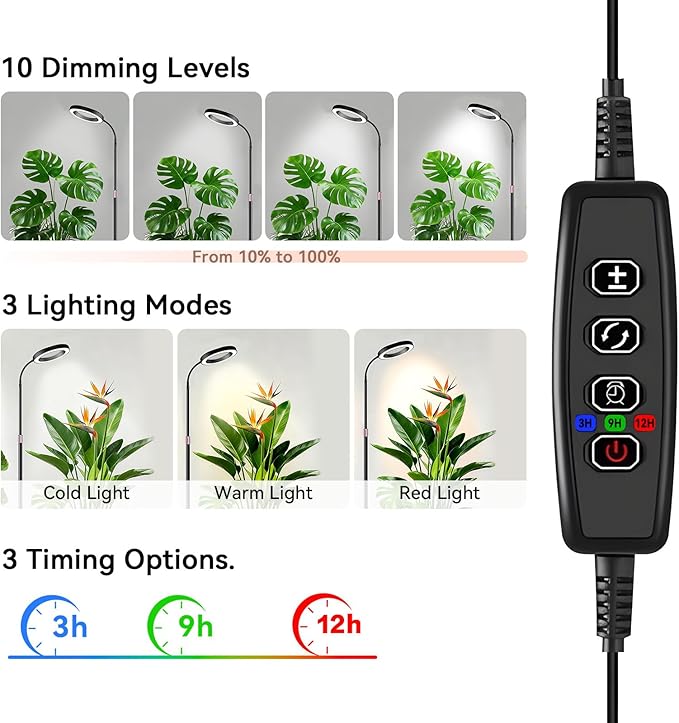 Grow Lights for Indoor Plants, Full Spectrum Plant Lights with 23.5-67" Adjustable Height Stand, 3 Growing Modes with Timer 3/9/12H, Dimmable Halo Grow Lights for Large Tall Plants