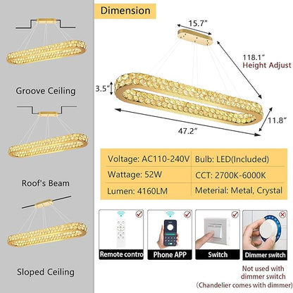 47'' Modern Oval Chandelier Crystal Chandeliers for Dining Room Round Ceiling Light Fixture for Living Room Lighting LED Dimmable with Remote Ring Lights Gold