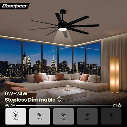 Modern Ceiling Fans with Lights, 65 Inch Ceiling Fan with Light and Remote for Bedroom Living Room Kitchen Office, Indoor/Outdoor Use, 24W 3CCT 8 Blades 6 Speed Reversible Quiet DC Motor, Black