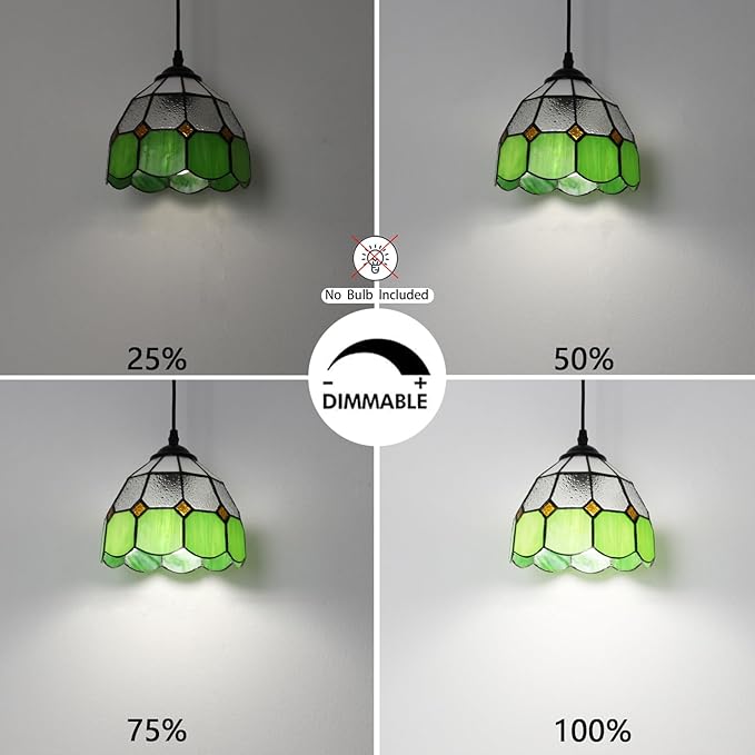 HuisMier Tiffany Style Plug in Pendant Light, Green Mini Chandelier with 15 Ft Hanging Cord and On/Off Dimmer Switch, Vintage Swag Ceiling Lamp for Dining Room Bedroom Living Room Porch, 7.9" Width