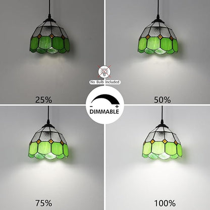 HuisMier Tiffany Style Plug in Pendant Light, Green Mini Chandelier with 15 Ft Hanging Cord and On/Off Dimmer Switch, Vintage Swag Ceiling Lamp for Dining Room Bedroom Living Room Porch, 7.9" Width