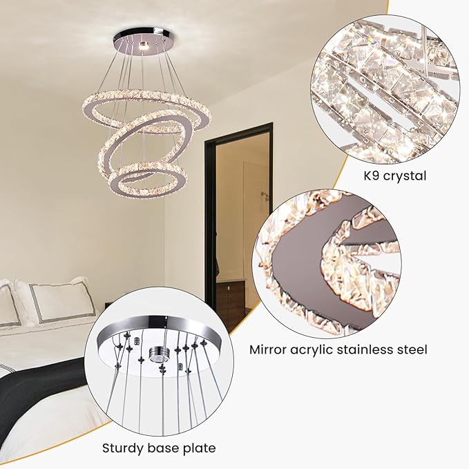 CLAIRDAI Modern Crystal Chandelier, Adjustable 3 Ring LED Ceiling Light Fixture, Dimmable K9 Crystal Chandelier for Dining Room, Bedroom, Living Room, Hallway