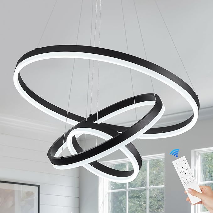 Benkut 3-Rings Modern LED Chandelier Black Dimmable Pendant Lighting with Remote Control Circular Flush Mount High Ceiling Light for Dining Room Living Room Entrance Foyer, 3000K-6500K D23.6in