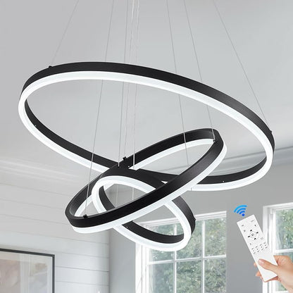 Benkut 3-Rings Modern LED Chandelier Black Dimmable Pendant Lighting with Remote Control Circular Flush Mount High Ceiling Light for Dining Room Living Room Entrance Foyer, 3000K-6500K D23.6in