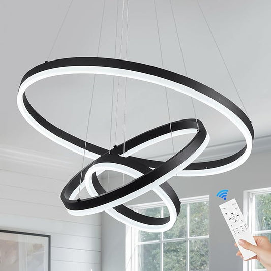 Benkut 3-Rings Modern LED Chandelier Black Dimmable Pendant Lighting with Remote Control Circular Flush Mount High Ceiling Light for Dining Room Living Room Entrance Foyer, 3000K-6500K D23.6in