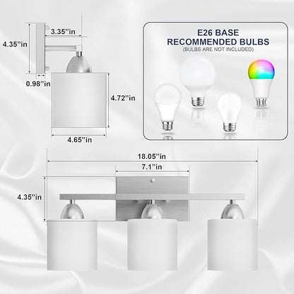 Bathroom Lighting Fixtures Over Mirror Brushed Nickel, Anti-Rust 3-Light Bathroom Vanity Lights, Modern 18Inches Wall Sconces E26 Base, Milky White Glass Shades, Bulbs Not Included
