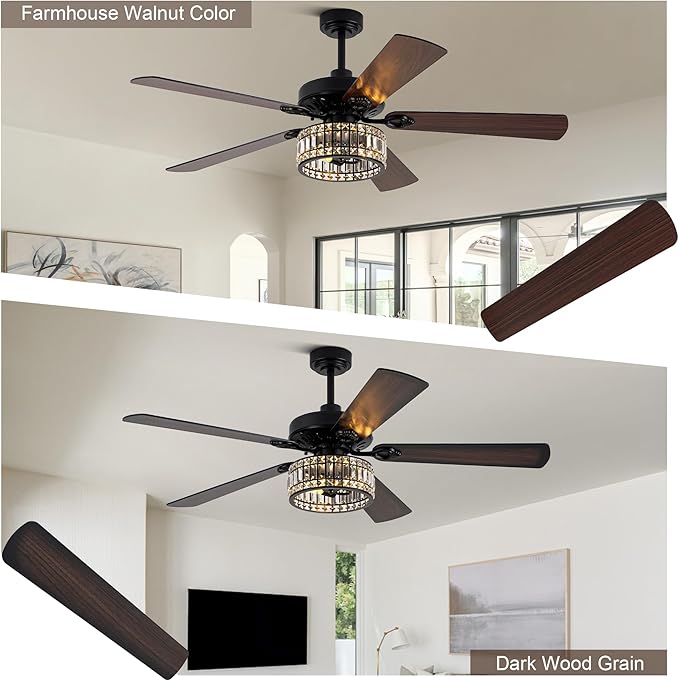 Farmhouse Ceiling Fan with Lights and Remote Large Rustic Ceiling Fan Caged Fandelier Industrial Chandelier Light, Reversible Quiet DC Motor 6 Speed for Indoor Outdoor (Crystal, 60 Inch)