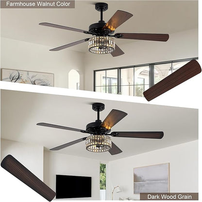 Farmhouse Ceiling Fan with Lights and Remote Large Rustic Ceiling Fan Caged Fandelier Industrial Chandelier Light, Reversible Quiet DC Motor 6 Speed for Indoor Outdoor (Crystal, 60 Inch)