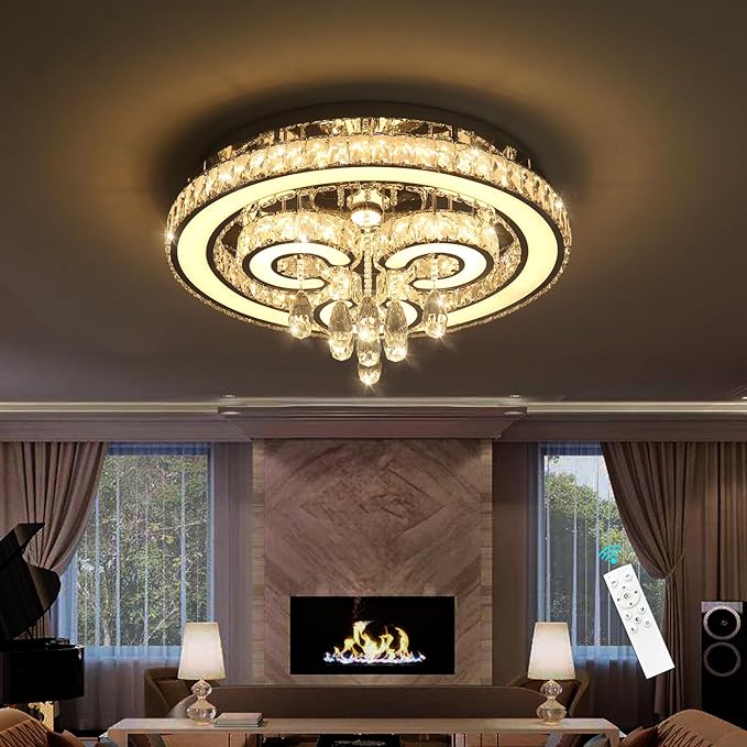 HAIXIANG Modern Glam Chandelier LED Crystal Light Interior Luxury Ceiling Chandeliers Remote Dimmable Lights Fixture 24 Inches Silver Light