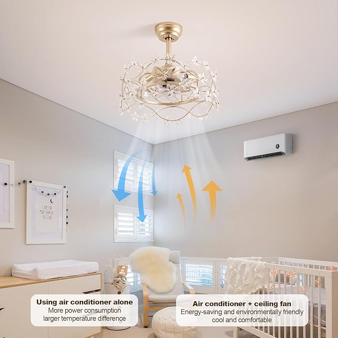 20" Gold Fandelier Ceiling Fan with Light, Flower Crystal Chandelier Ceiling Fan with Light and Remote Control, Modern Caged Enclosed 6 Speeds for Girl's Bedroom, Nursery, Living Room