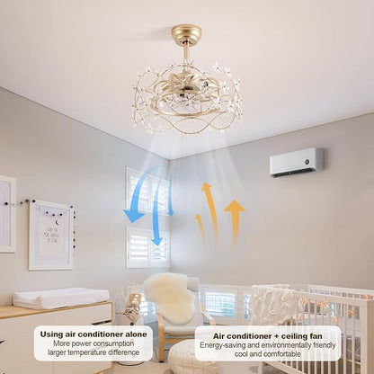 20" Gold Fandelier Ceiling Fan with Light, Flower Crystal Chandelier Ceiling Fan with Light and Remote Control, Modern Caged Enclosed 6 Speeds for Girl's Bedroom, Nursery, Living Room