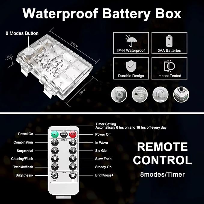 JMEXSUSS 2 Pack Blue Battery Operated Rope Lights Outdoor Waterproof, Total 200LED 66ft 8 Modes Battery Powered String Lights with Remote, Blue Pool Light for Camping Balcony Fence Garden Pool Decor