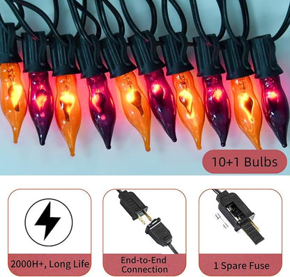 PASUTO Orange and Purple Halloween Lights - Flickering Flame String Lights, 12.8Ft Indoor Outdoor Halloween Lights C7 Retro Flame String Lights, Ideal for Fall Halloweens Decorations for Home Party