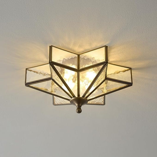 Star Brass Glass Ceiling Light - Small 12 Inch Black Bronze Hammered Flush Mount Fixture - Unique Art Deco Vintage Modern Lighting Lights for Bedroom Dining Entry Hall Hallway Outdoor Porch