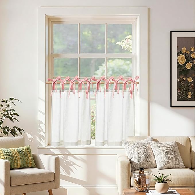 jinchan Linen Tie Top Curtains 24 Inch Length Farmhouse Cafe Curtains Set of 2 for Bedroom Bathroom Rustic Small Windows Light Filtering White Panels with Pink Ties