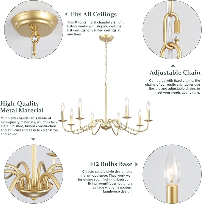 Gold Chandelier 8-Light Modern Farmhouse Chandelier Lighting Fixtures Rustic Candle Hanging Chandelier for Living Room Foyer Hallway Bedroom Kitchen