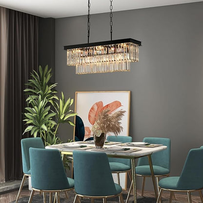 Weesalife Black Crystal Chandeliers for Dining Room Light Fixtures Over Table，9-Lights Modern Rectangle Chandeliers for Kitchen Island Bar L28 Inch