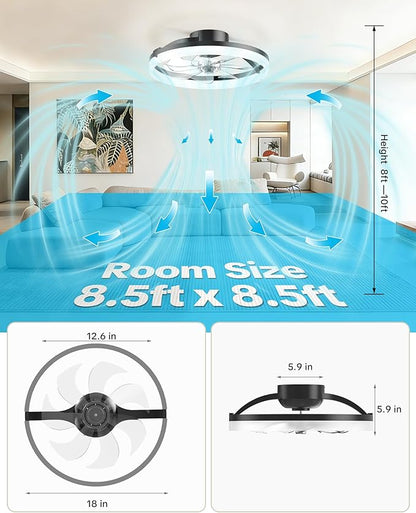 Ceiling Fans with Lights and Remote Low Profile Flush Mount LED Ceiling Fan with Lights 3000K-6500K Dimmable Foldable Fandelier Light 6 Wind Speeds Night Light for Bedroom Living Room Black