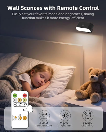 Battery Operated Wall Sconce Set of 2, Rechargeable LED Wall Mounted Light with Remote Control, Stick On Magnetic Wall Lights for Bedroom, 3 Modes Dimmable Bedside Reading Wall Lamps for Bedroom