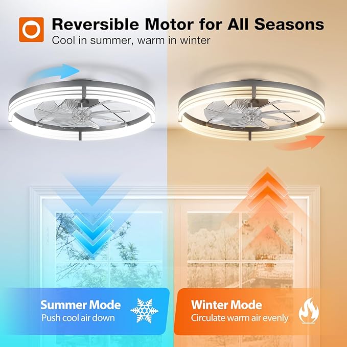 addlon Ceiling Fans with Lights and Remote, 24'' Low Profile Ceiling Fans, 3000-6000K Dimmable Modern Flush Mount LED Fan Light, Fandelier Ceiling Fan for Bedroom, Kitchen, Living Room