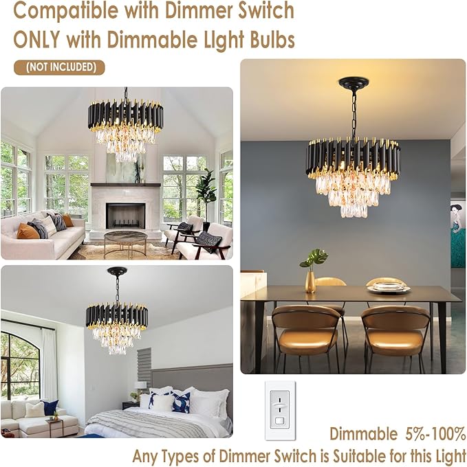 Modern Crystal Chandeliers 15.7”Gold Contemporary Crystal Ceiling Lights Fixtures 3-Tiers 5 Lights Black Round Chandelier Pendant Light Fixtures for Entryway Living Room Dining Room Bedroom