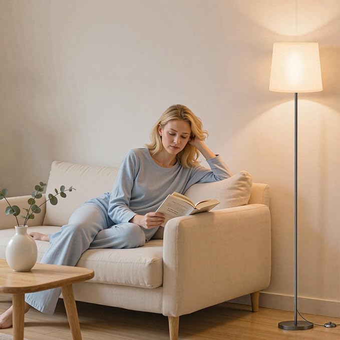 SIBRILLE Floor Lamp with White Shade, 62" LED Dimmable Standing Lamp with Foot Switch, Color Options, 9W E26 Bulb Included, Modern Reading Light for Living Room Bedroom Office Corner, Black