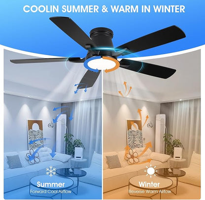 Surtime 52" Ceiling Fans with Lights-Low Profile Ceiling Fan with Light and Remote/APP Control,Flush Mount,DC Reversible,LED Dimmable Black Ceiling Fans for Bedroom,Indoor/Outdoor Patio Use