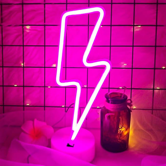 Pink Lightning Bolt Neon Sign, Aesthetic Room Decor for Bedroom, Battery/USB Operated LED Light with Base