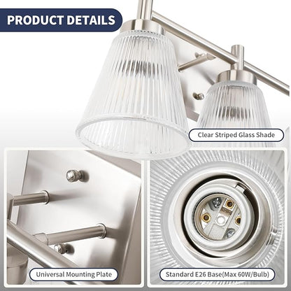 OCIOC Nickel Bathroom Vanity Light 3-Light Bathroom Light Fixtures Over Mirror Vanity Lighting Fixtures with Striped Glass Shade,17inch Modern Vanity Lights for Bathroom Wall Sconce Lights for Bedroom