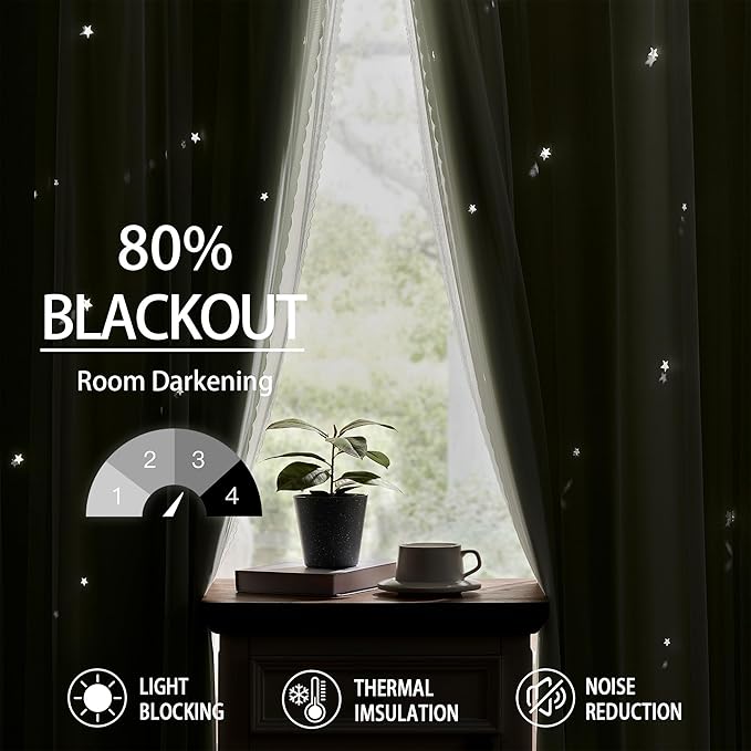 XiDi Sage Green Blackout Curtains for Kids Bedroom 96 Inches Long 2 Panels Thermal Insulated Energy Saving Living Room Window Treatment Curtains Star Blackout Drapes Nursery Kids, W52xL96 Inch, Sage