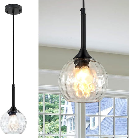 Glass Pendant Lights Kitchen Island: 5.91'' 1-Light Hammered Glass Pendant Light with Black Finish - Modern Minimalist Hanging Light Fixture for Kitchen Sink Dining Room Bathroom- E26 Base