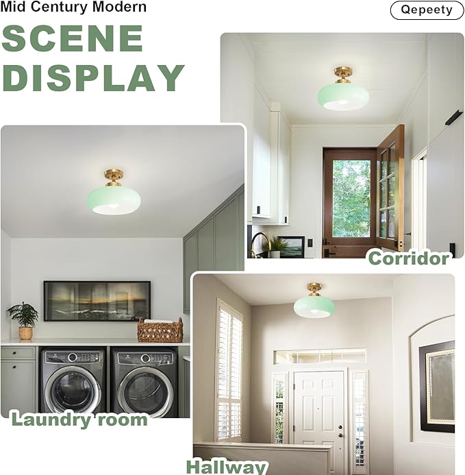 Mint Green Glass Semi Flush Mount Ceiling Light, 11.02" Mid Century Modern Gold Close to Ceiling Light Fixture, Vintage Ceiling Lamp for Bedroom Hallway Kitchen Entryway