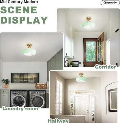 Mint Green Glass Semi Flush Mount Ceiling Light, 11.02" Mid Century Modern Gold Close to Ceiling Light Fixture, Vintage Ceiling Lamp for Bedroom Hallway Kitchen Entryway