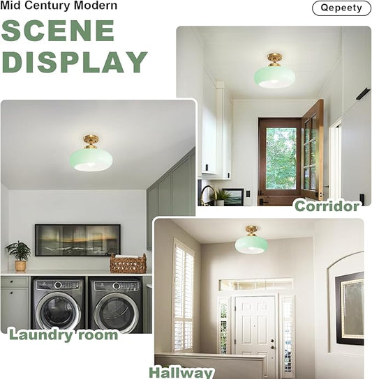 Mint Green Glass Semi Flush Mount Ceiling Light, 11.02" Mid Century Modern Gold Close to Ceiling Light Fixture, Vintage Ceiling Lamp for Bedroom Hallway Kitchen Entryway