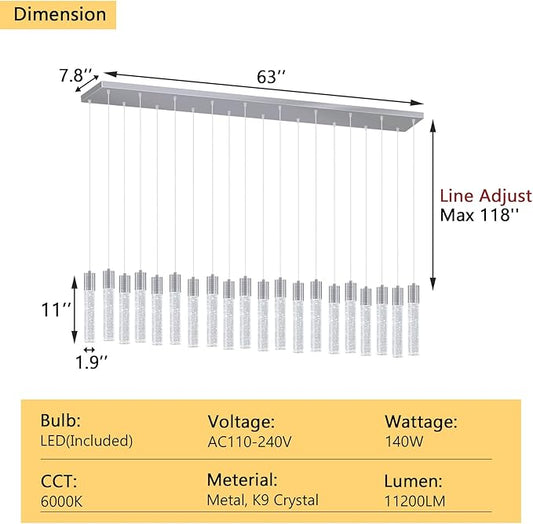 20-Lights Modern Crystal Chandeliers LED Pendant Light for Kitchen Island Dining Room Entrance Foyer Living Room Silver