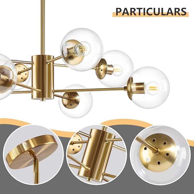 Bagood 8-Light Globe Sputnik Chandelier Modern Gold Sputnik Chandelier Mid Century Globe Pendant Light Brushed Brass Finished with Clear Glass Lampshade Chandeliers for Kitchen Bedroom