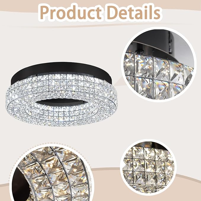 ykolupty 24" Crystal Chandeliers,Round Chandelier for Living Room Modern Ceiling Light Fixture Lamp for Foyer Bedrooms Dining Room Hallway (Black Chandelier)